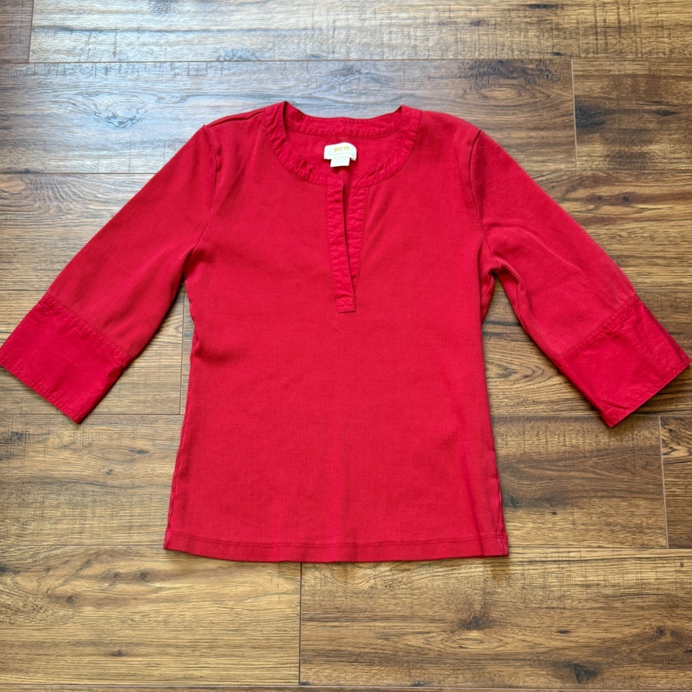 Anthropologie Maeve Cuffed Popover Shirt Blouse Top Ribbed Red Size Medium